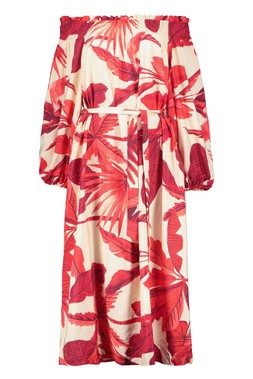 Red Palm Print Bardot Midi Dress