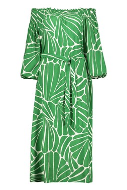 Green Shell Print Bardot Midi Dress