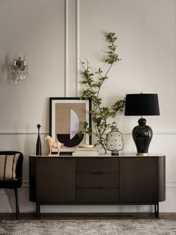 Furniture Village - Merlin Sideboard, &pound;699 Kalvin Table Lamp, &pound;199 Kuza Border Rug, from &pound;99 Geometry 3 Framed Art, &pound;89