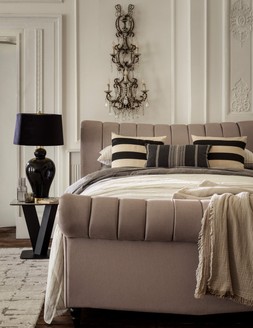 Furniture Village Thiago Ottoman King Size Bed Frame in Smooth Stone, &pound;1,999 Merlin Lamp Table, &pound;229 Kalvin Table Lamp, &pound;199 Calvin Klein Sculptural Grey Rug, from &pound;329