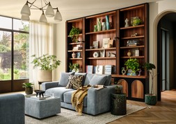 Amalfi 3 Seater In Vintage Chenille Denim All Over, £1699 Amalfi Rectangular Console with Glass Top In Vintage Chenille Denim All Over, £399
