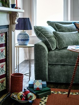 MODERN CLASSIC CHRISTMAS - Georgio 3 Seater Extra Flex in Luxe Chenille Alpine Green Mix, £1499. Georgio Chair Extra Flex in Luxe Chenille Light Sage Mix, £799.