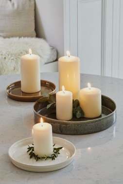 BOWEN PILLAR CANDLE HOLDER IN LINEN AND MOSS, BOWEN CANDLE PLATE IN LINEN ABND MOSS £7.99 TO £24.99