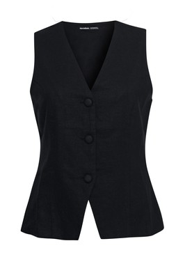 Black Linen Blend V-Neck Waistcoat