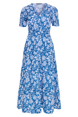 Blue Floral Cotton Poplin Tiered Midaxi Dress