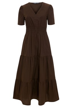 Chocolate Brown Cotton Poplin Tiered Midaxi Dress