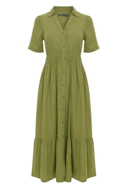 Olive Green Tiered Linen Blend V Neck Maxi Dress