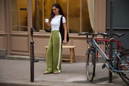 Olive Green Side Stripe Linen Blend Wide Leg Trousers