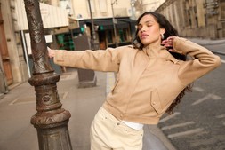 Beige Faux Suede Funnel Neck Bomber Jacket