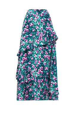 Turquoise Paradise Cheetah Ruffle Detail Midi Skirt