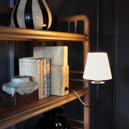 Wooden bookshelf lamp with neutral shade