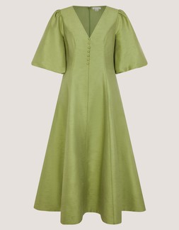 Beatrice Puff Sleeve A-Line Midi Dress Green