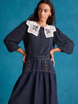 Ivy Embroidered Collar Polka Dot Blouse Blue