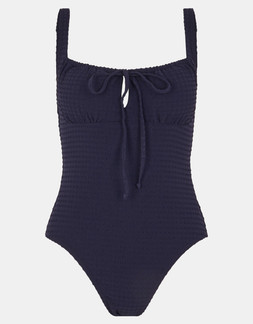 Seersucker Tie Front Swimsuit Blue