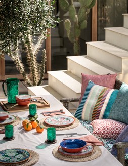 Boho Jug £12 / Boho Cereal Bowl £12 for a set of 4 / Acacia Chopping Board £18 / Reversible Outdoor Cushion £25 for a set of two / Modern Stripe Cushion £29.50 for a set of two / Geometric Bench Pad £29.50 / Boho Dinner Plate £15 for a set of four / Set of 4 Seagrass Placemats £25 / Boho Tumbler £12 for a set of four / Wooden Coaster £20 for a set of four / Pure Cotton Napkin £7 for a set of four / Geometric Outdoor Cushion £25 for a set of two / Boho Pasta Bowl £15 for a set of four